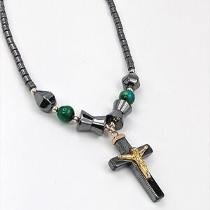 Vintage Crucifix Necklace Men Hematite‎ Cross Pendant Gunmetal Beads Catholic